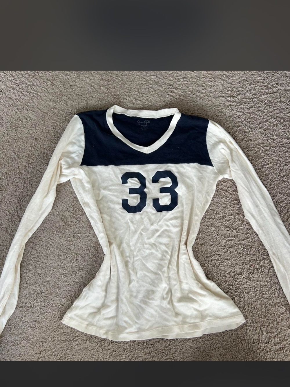 Brandy Melville White Long Sleeve V-Neck Jersey with Navy Yoke & 33